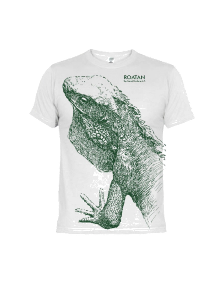White Roatán tee with a hand-drawn iguana